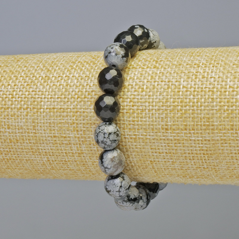 Bracelet Snowy Obsidian Apache Tears natural stone faceted bead, diameter 10mm± (stretch), length 18cm+
