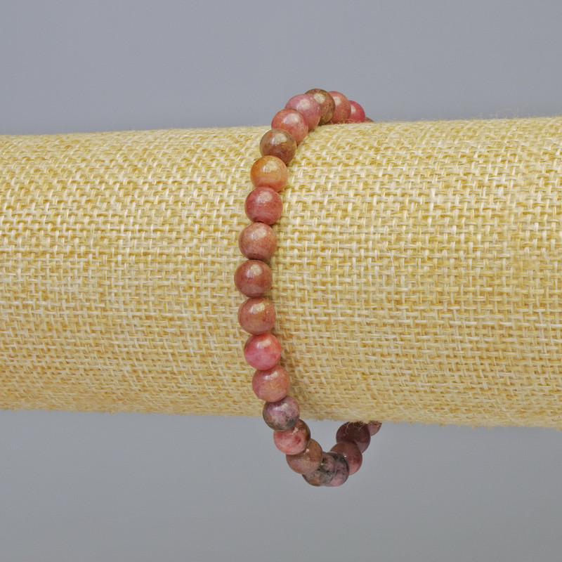 Rhodonite Bracelet, natural stone, smooth beads, 6mm dia. ± (stretch), length 7.1 in ±