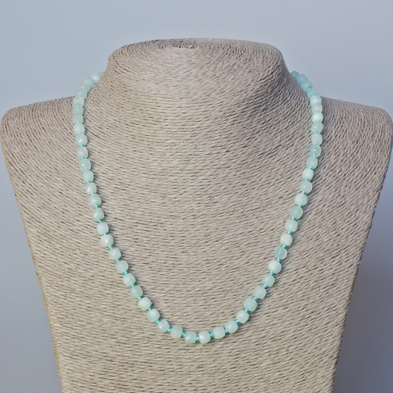 Aquamarine Necklace - natural gemstone, faceted cube, diameter 5.5 mm ±, length 45-48 cm ±