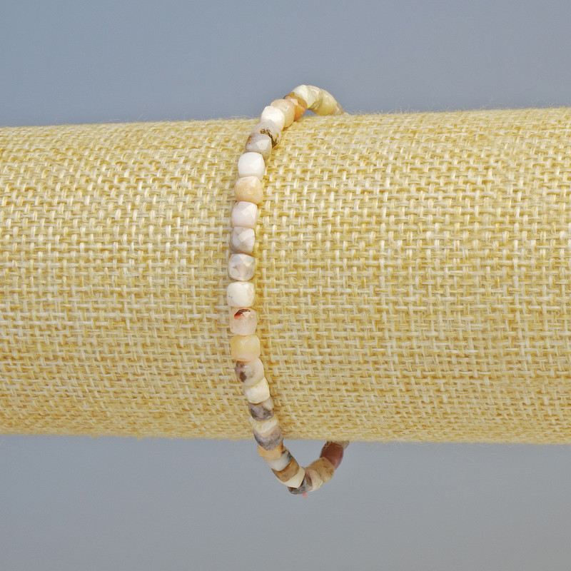 Pink Opal Bracelet with a Natural Stone Faceted Cube, 4mm dia. (stretch) | 18cm+