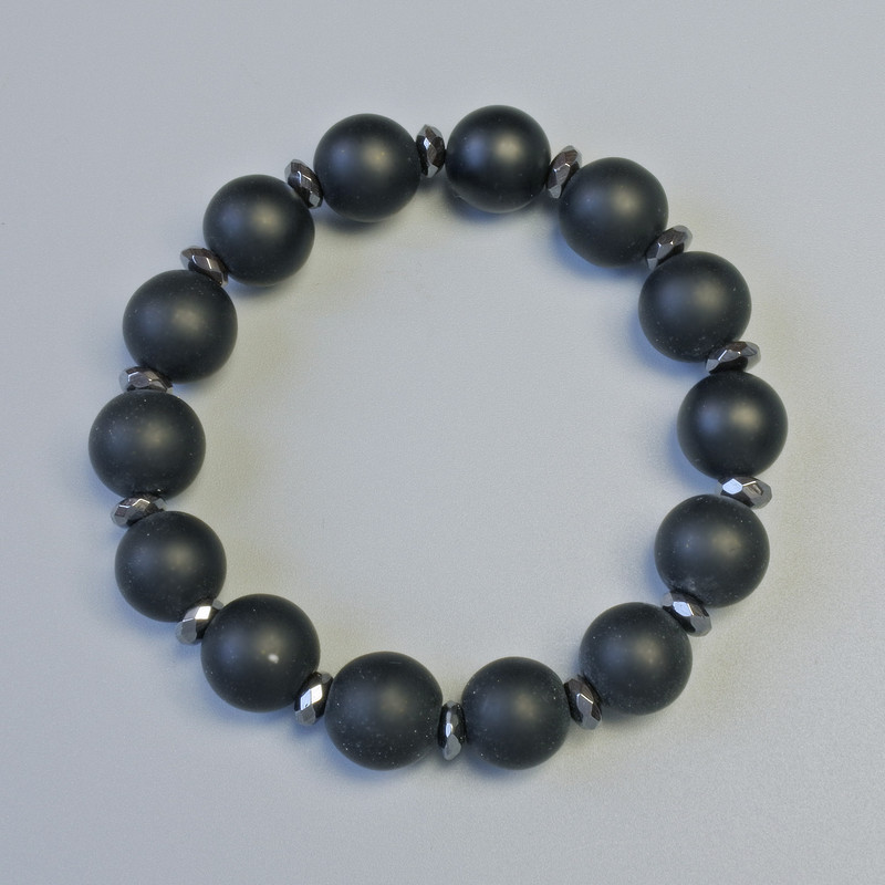 Shungite Bracelet (loose) smooth bead, diameter 12mm± (stretch), length 18cm± with hematite inlays