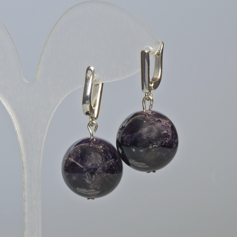 Amethyst Natural Stone Smooth Ball Earrings, diameter 18mm±, length 35mm± with English clasp