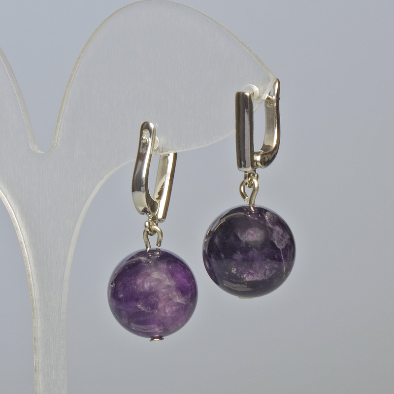 Amethyst Natural Stone Smooth Bead Earrings, diameter 16mm ±, length 33mm ± with English clasp