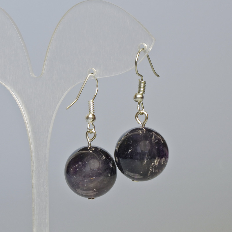 Amethyst Natural Stone Smooth Bead Earrings, 16mm diameter ±, length 38mm ±