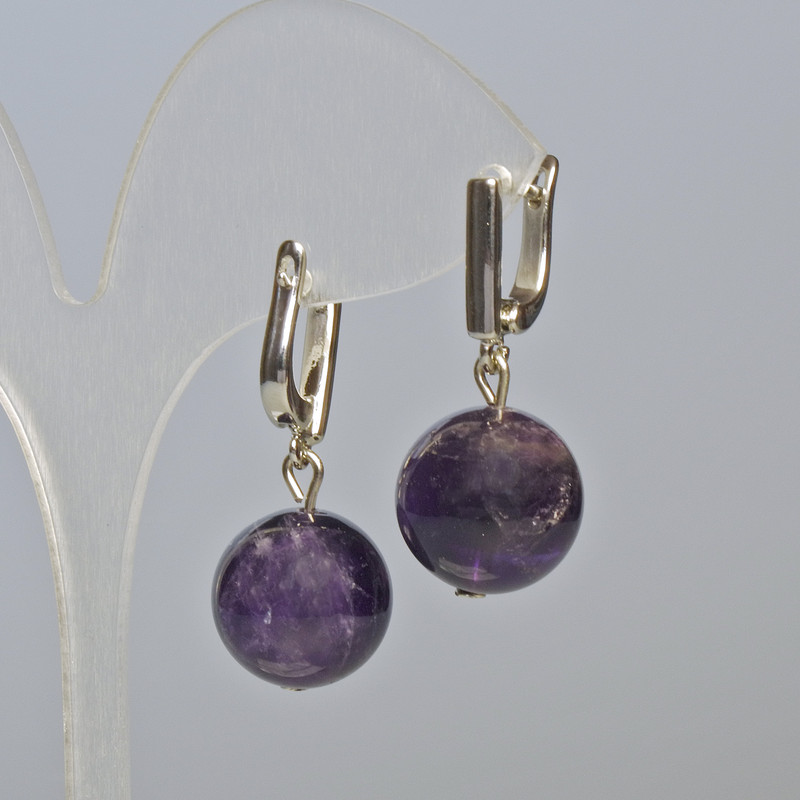 Amethyst Natural Stone Smooth Ball Earrings, diameter 14mm±, length 30mm± with English clasp