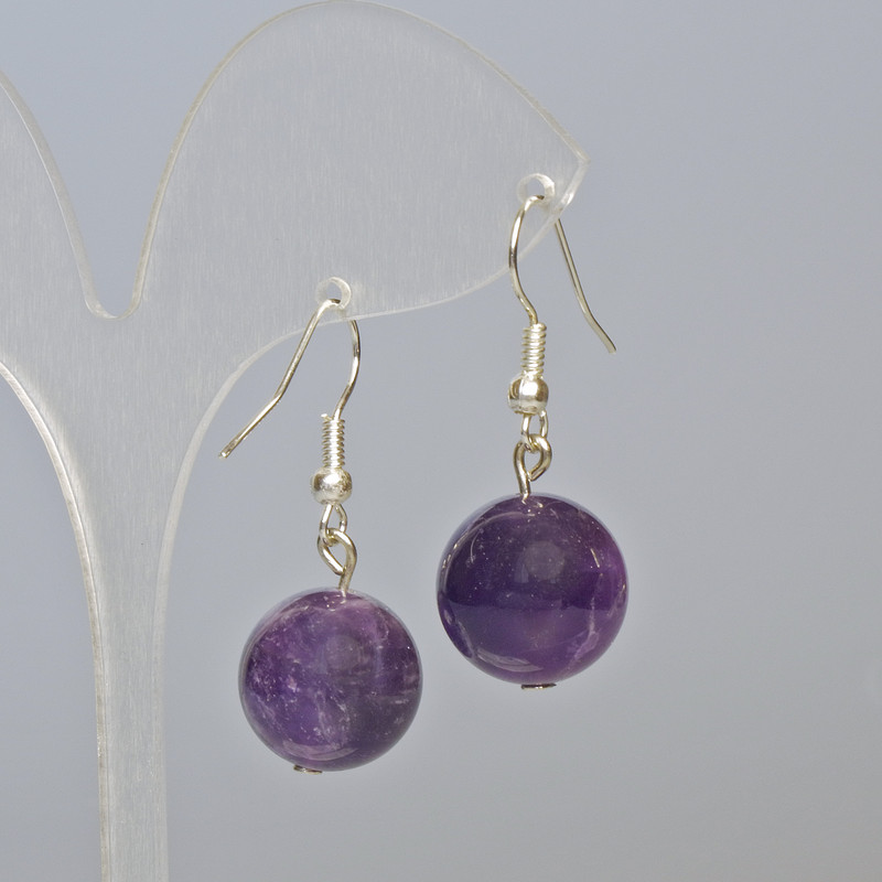 Amethyst Earrings Natural Stone Smooth Sphere, 14mm diameter, 35mm length