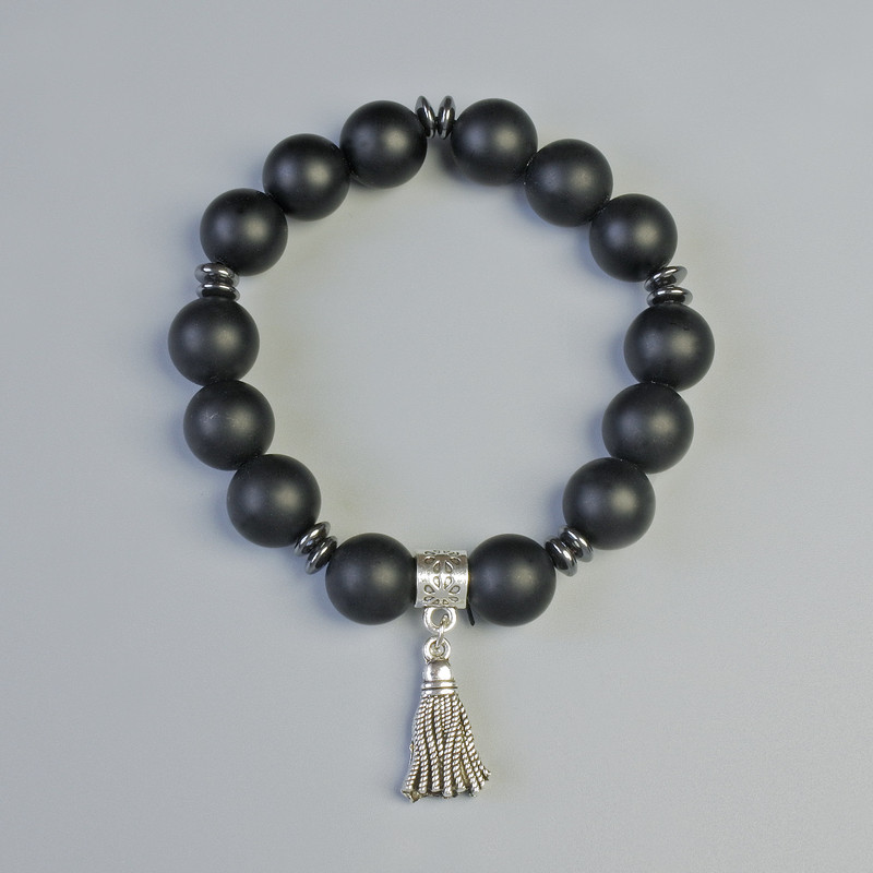 Shungite Bracelet (piece) smooth bead, diameter 12mm±, stretchy, length 18cm± with hematite inlays
