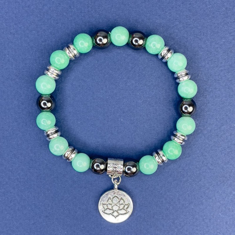Amazonite and Hematite Bead Bracelet with Smooth Round Beads 8mm±, Stretch, 18cm± with Metal Inlays