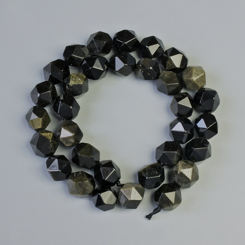 Sunstone Obsidian Beads, natural stone faceted, diameter 10x12mm, length 37in on thread