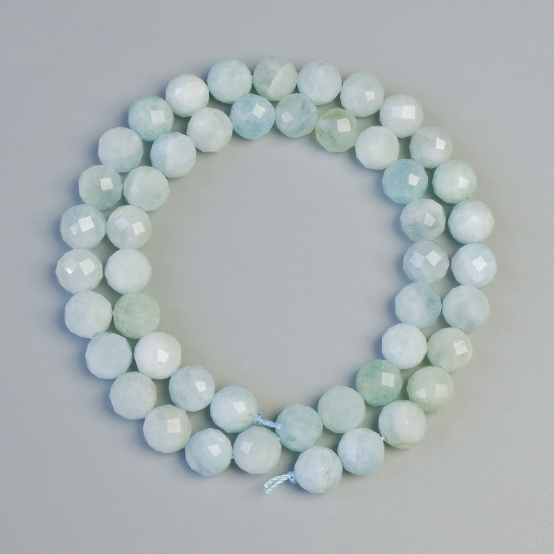 Aquamarine Beads, Natural Stone, Faceted Round Bead, 8mm ±, Length 39cm ± on Thread