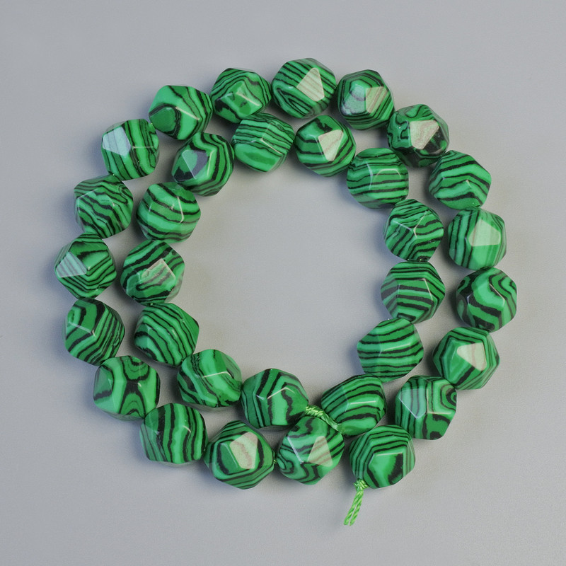 Malachite Beads (Pressed) Multifaceted, 10x12mm, 37cm on Thread