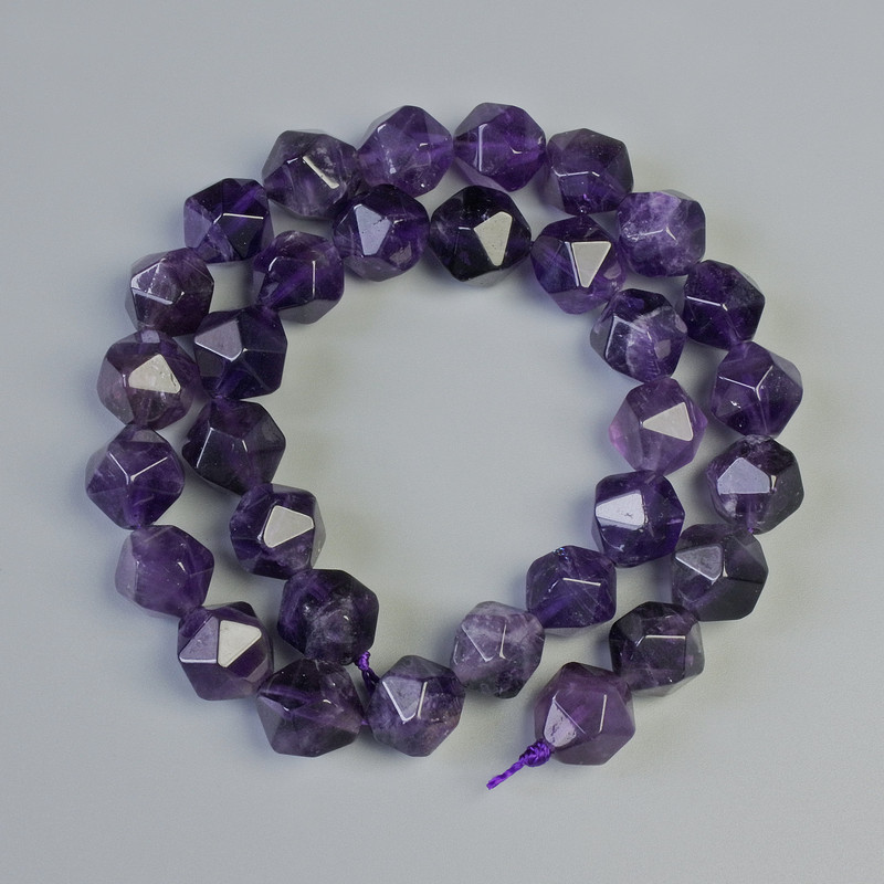 Amethyst Beads - Natural Stone Multisided (Faceted), 10.5×12mm ±, 38cm length ± on thread