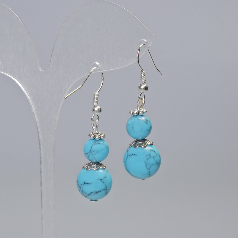 Turquoise Earrings (Pressed) Smooth Balls, diameter 12.5 mm and 8.5 mm, length 44 mm ± with metal inserts