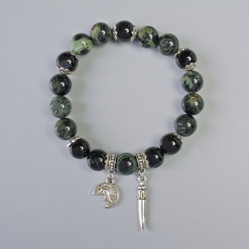 Bracelet Ocean Jasper and Black Agate, smooth round beads, diameter 10.5mm, 10mm+- (stretch), length 18cm+- with metal inserts