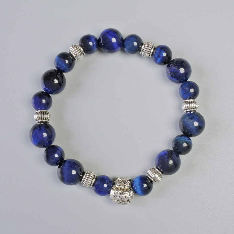 Blue Cat's Eye Bracelet with Smooth Beads, diameter 10.5 mm, 8.5 mm± (stretch), length 18 cm± with metal inserts