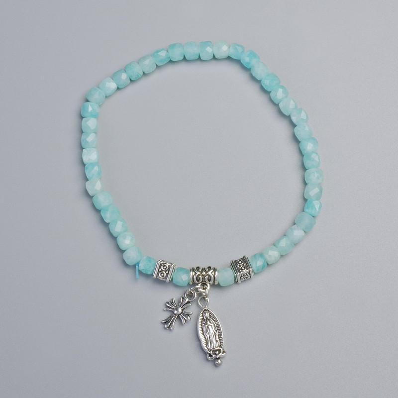 Amazonite Bracelet Faceted Cube, 4mm± Diameter (stretch), 18cm± length with metal inlays