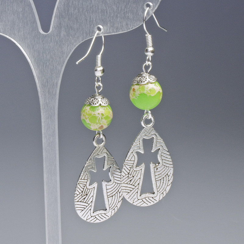 Variscite Earrings in Greenish (pre. ) smooth ball, diameter 10mm, 19.5×31mm±, length 63mm± with metal inserts