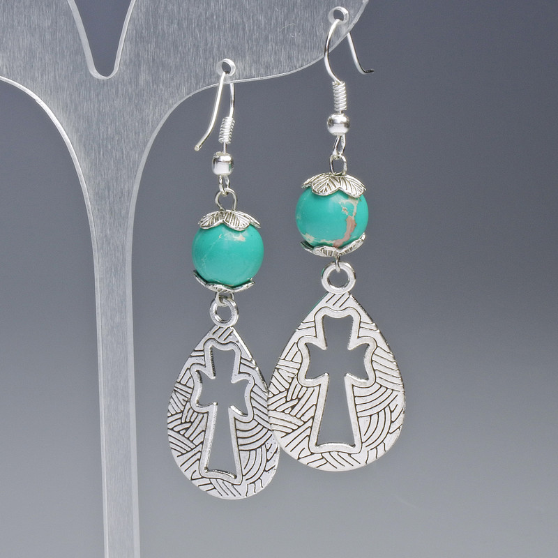 Variscite Earrings green (natural) smooth ball, diameter 10mm, 19.5x31mm±, length 63mm±with metal inserts