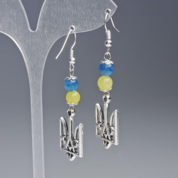 Earrings 'Herald' with Citrine and Aquamarine, diameter 15mm± with beads, diameter 6.5mm±, length 60mm±, silver-tone metal