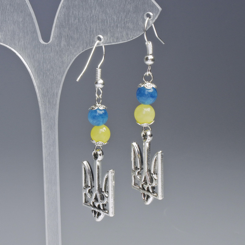 Earrings 'Herald' with Citrine and Aquamarine, diameter 15mm± with beads, diameter 6.5mm±, length 60mm±, silver-tone metal