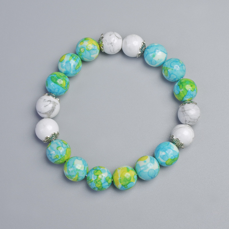 Bracelet "Variscite" (plastic acrylic) and White Agate (polished), diameter 10mm, 10.5mm± (stretch), length 18cm± with metal inserts