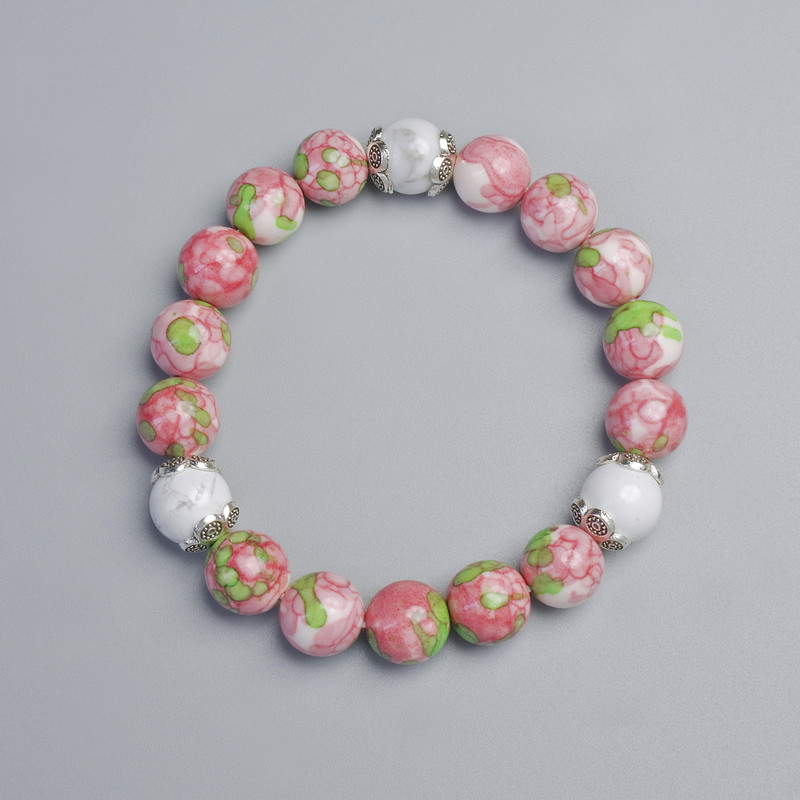 Bracelet "Variscite" (synthetic acrylic) and White Agate (pressed), diameter 10mm, 10.5mm± (stretch), length 18cm± with metal inserts