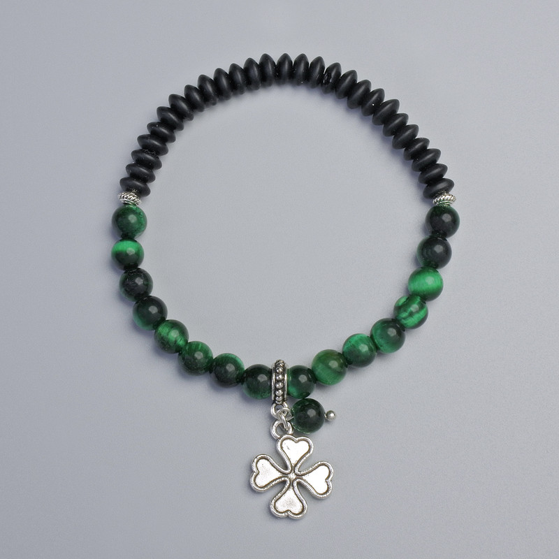 Bracelet Cat's Eye Green and Shungite, diameter 6.5mm, 6.5×3mm± (stretch), length 18cm± with metal inlays