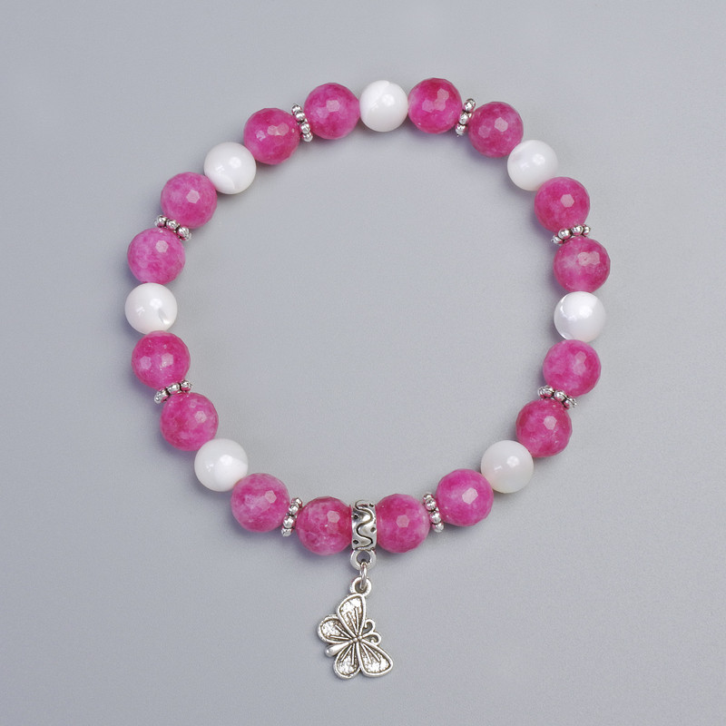 Bracelet Turmaline Rubin—Rutile and Pearls, 8mm diameter, 7.5mm+- (stretch), length 18cm+- with metal inlays