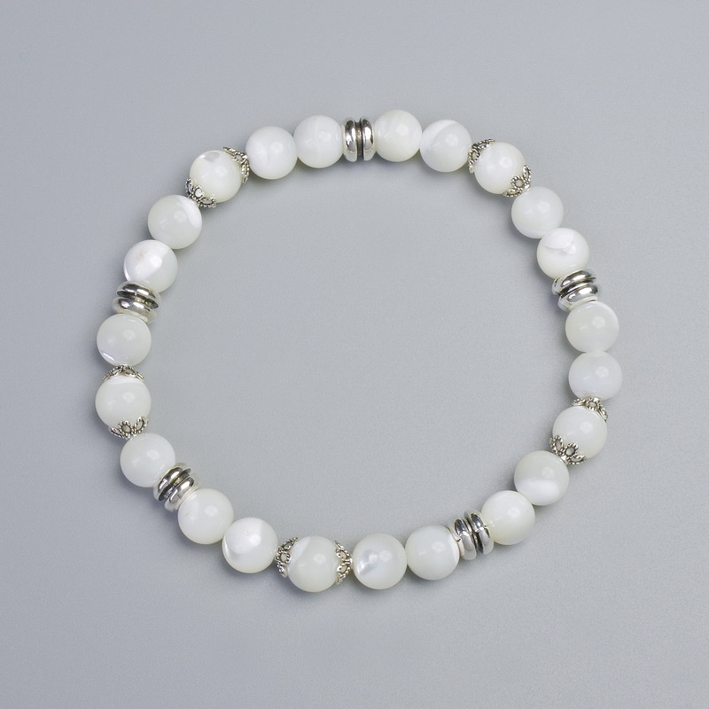 Bracelet Pearlescent Pearl Smooth Bead, diameter 7.5mm± (stretch), length 18cm± with metal insets