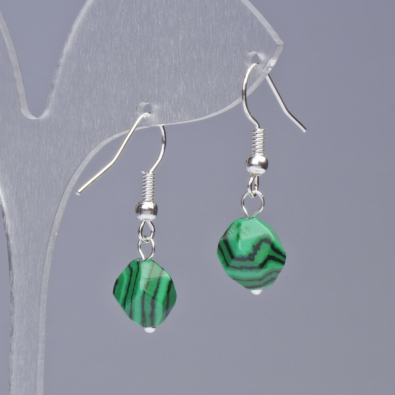 Malachite Earrings (raw/pressed) Multifaceted, diameter 8.5x10mm±, length 31mm±