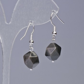 Earrings with Silver Obsidian Natural Stone Multiradiate, diameter 10x12mm+-, length 32mm+-