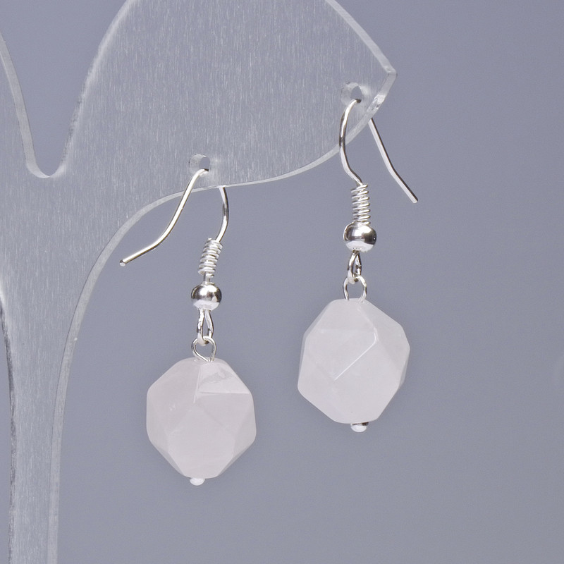 Earrings Rose Quartz Natural Stone Gemstone, Multicrystal Cut, diameter 10.5×12mm±, length 32mm±