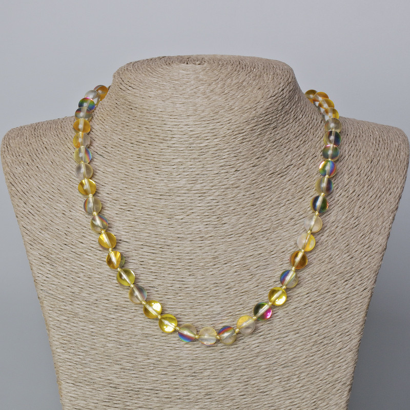 Opal glass bead necklace, yellow transparent chameleon, smooth round beads, 8mm diameter, length 45-48cm
