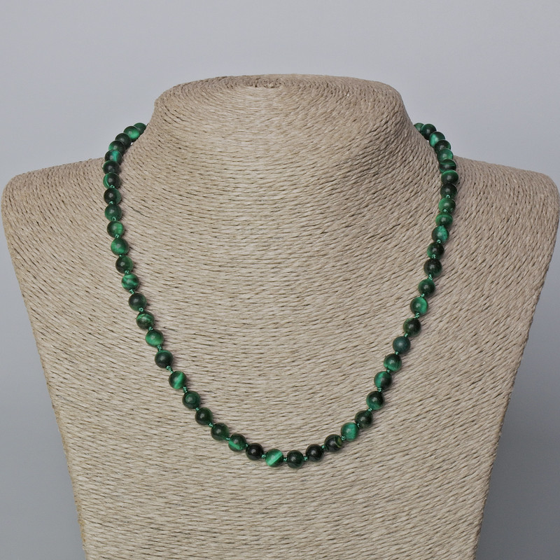 Necklace Green Cat's Eye Natural Stone Smooth Bead, diameter 6.5mm ±, length 45-49cm ±
