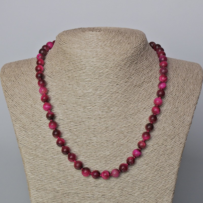 Necklace Raspberry Cat's Eye natural stone smooth bead, diameter 8.5mm±, length 45–49cm+