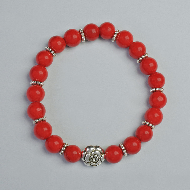 Bracelet Coral (pressed) smooth bead, diameter 8mm± (stretch), length 18cm± with metal insets