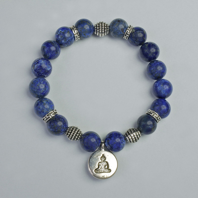 Lapis Lazuli Bead Bracelet, Smooth Round Beads 10mm±, Stretch Band, 18cm± with Metal Inlays