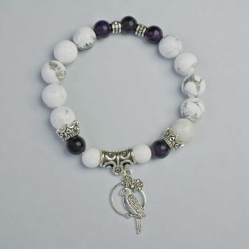 Bracelet with Purple Cat's Eye and Chalcedony, diameter 10.5mm, 8mm± (stretch), length 18cm± with metal inserts