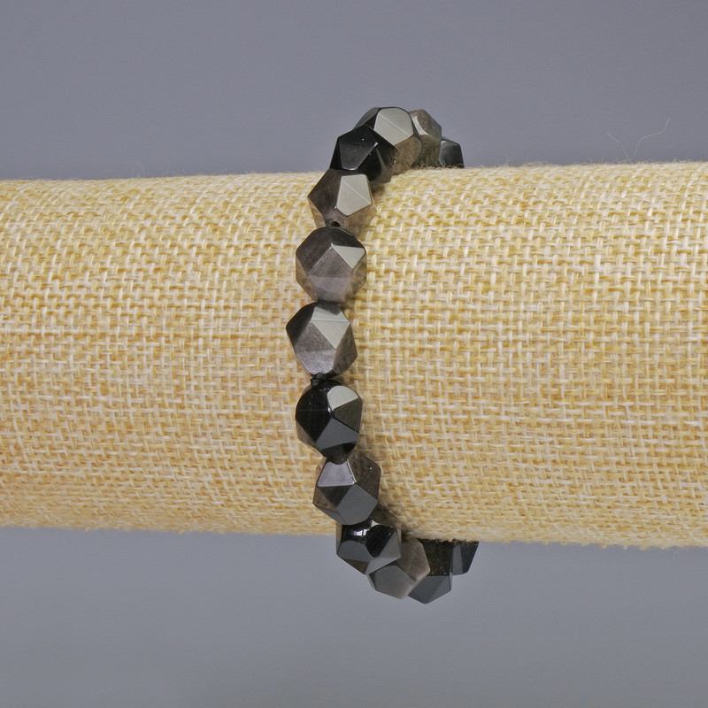 Bracelet, Silver Obsidian Natural Stone, Multifaceted Beads 8.5x10mm± (stretch), length 18cm+