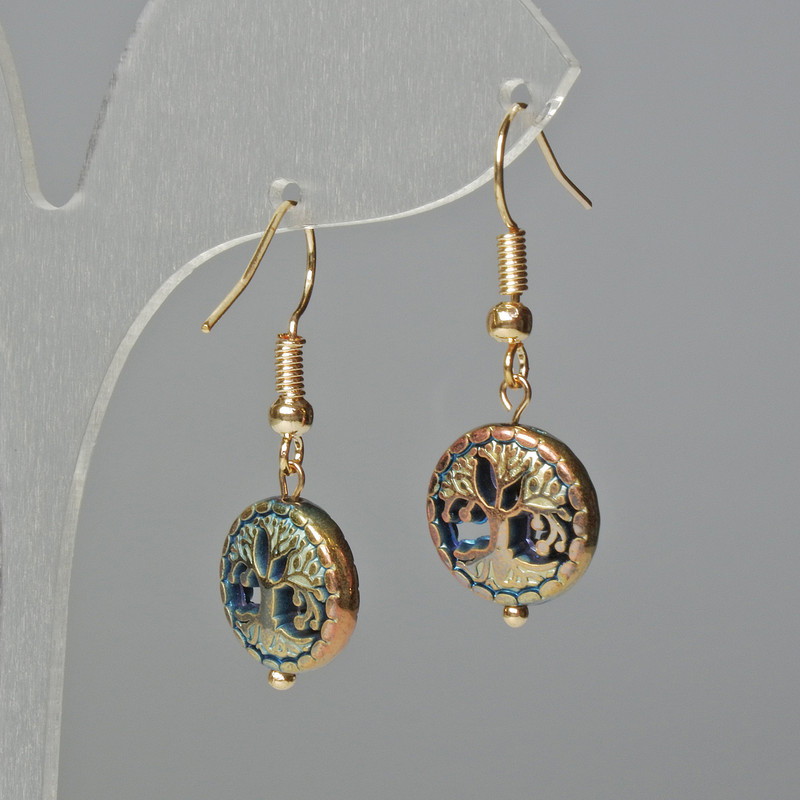 Earrings Hematite "Tree" chameleon color, diameter 12.5×4.5 mm ± golden earhook