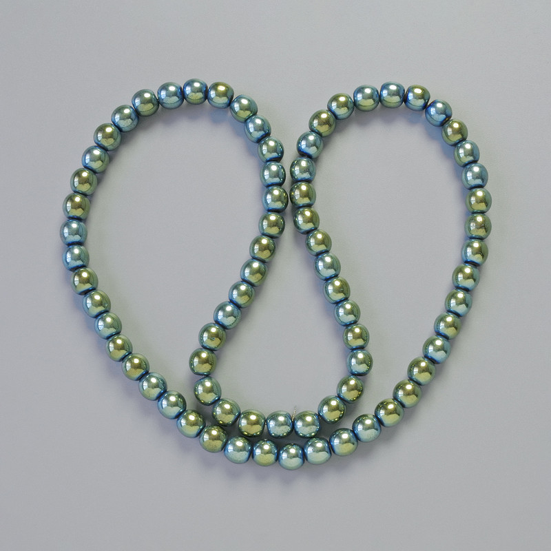 Hematite Beads round green dichroic hue 6mm diameter, 42cm length on thread