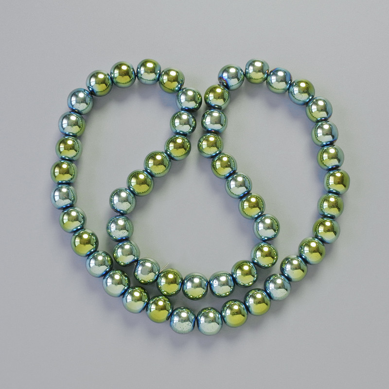 Hematite Beads Chunk Round 8mm, color chameleon green, length about 42cm on thread