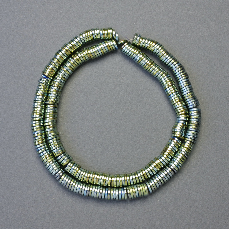 Hematite Beads—Hameleon Green Rondelle 6×1mm+, 42cm+- strand