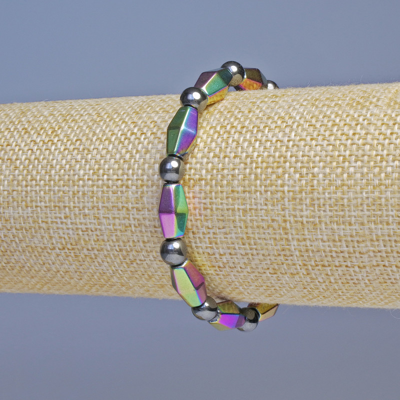 Hematite Bracelet, gasoline color with baguette-cut beads, 13x7mm ±, and black beads, 6mm ±, length 18cm ±, stretch
