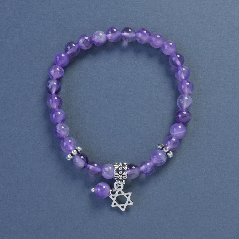 Amethyst Bracelet Smooth Ball, 6mm diameter ±, 18cm length ± with star of David pendant