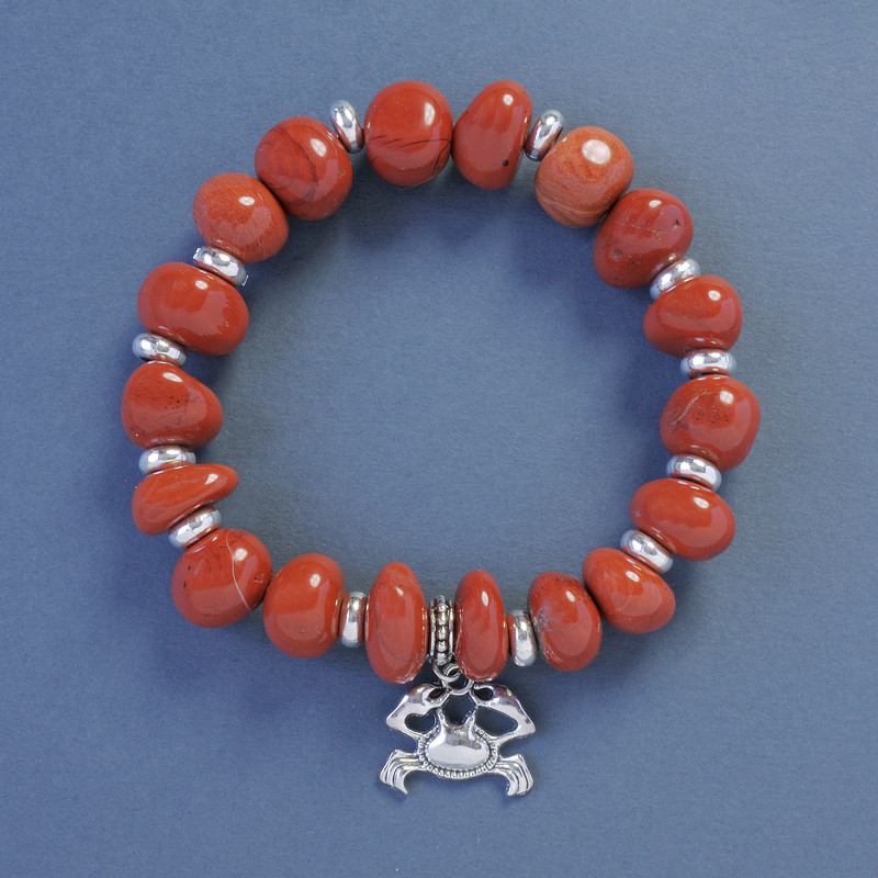 Red Jasper Bead Bracelet, faceted, 14x8mm, stretch with Crab charm, 18cm adjustable