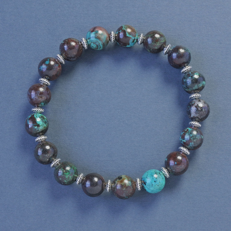 Chrysocolla Bracelet Smooth Beads, 9mm diameter, 18cm length, stretch bracelet with inlays