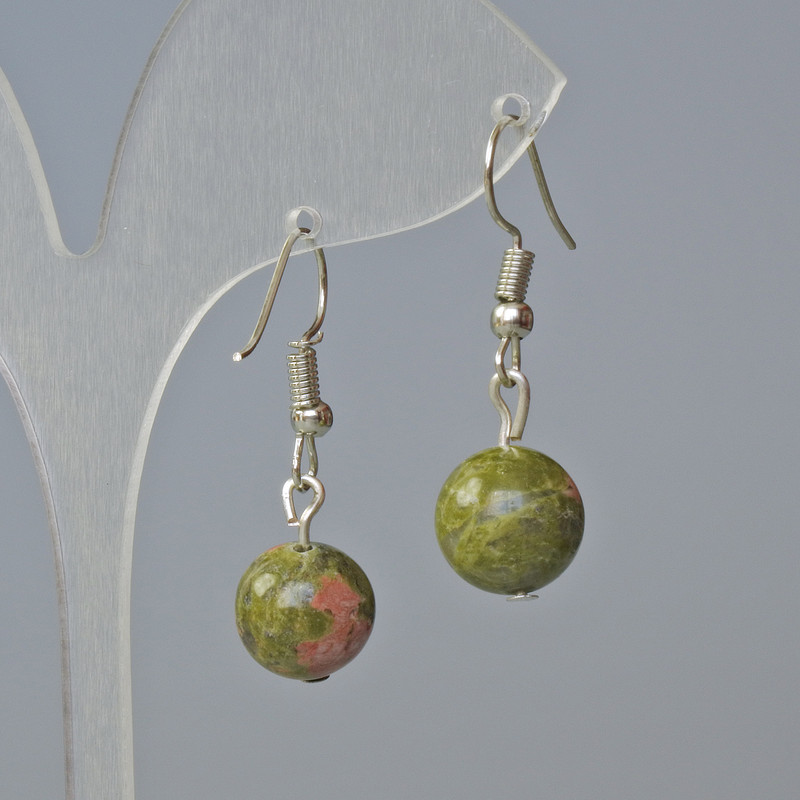Unakite Bead Earrings, Smooth Round Bead, 11mm diameter, ~30mm length