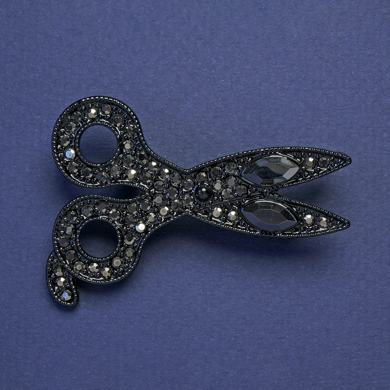 Brooch-Pendant Scissors Black Enamel with Black Crystals Metal Color Silver 54x39mm+