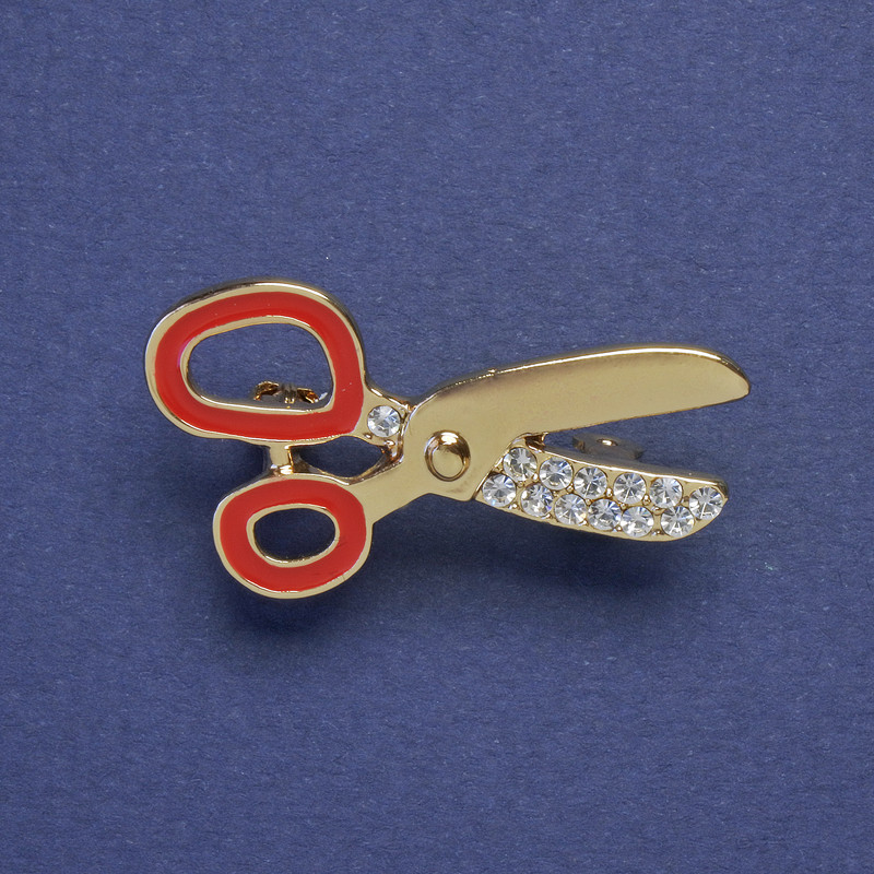 Brooch Scissors Red Enamel with Crystal Beads Gold-Tone 32×18mm+